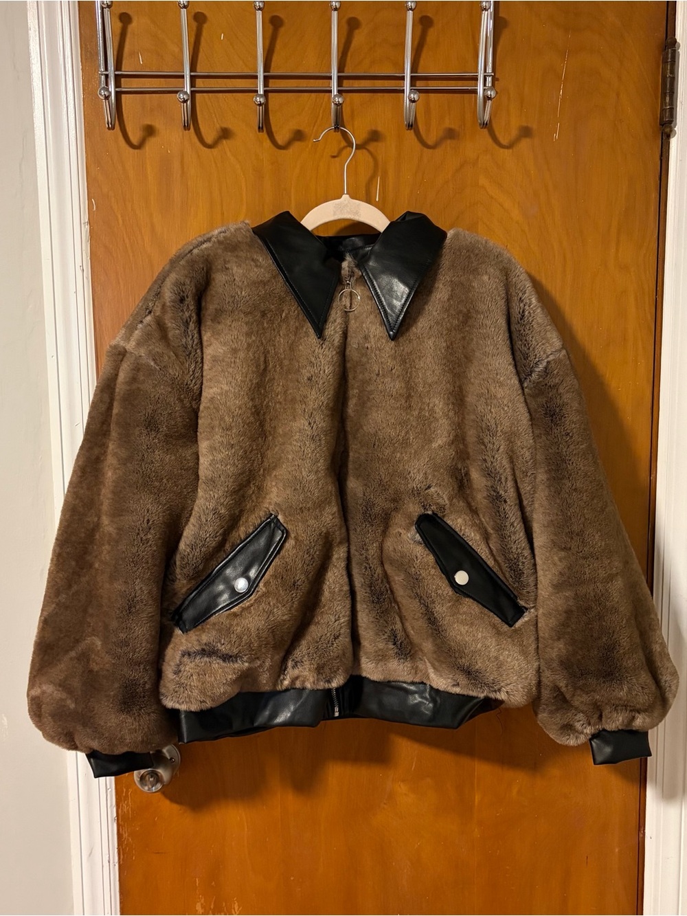Brown Faux Fur Bomber Jacket with Black Trim